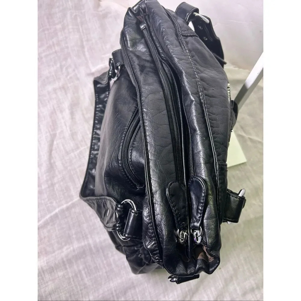 Angel Barcelo Black Faux Leather Slouchy Hobo Shoulder Bag Satchel Travel Purse